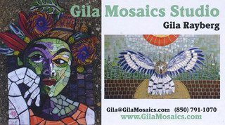 Gila Mosaics business card with address phone number and photos of a human and bird portrait